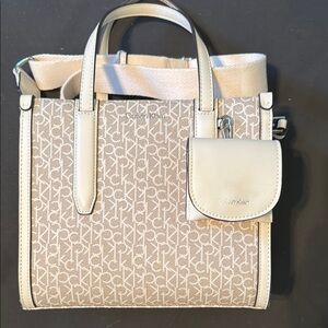 Calvin Klein Cream Satchel Bag with Monogram Design